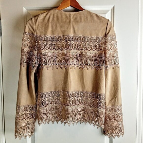 Bagatelle Beige Suede Leather Lace Crochet Jacket - Picture 2 of 6